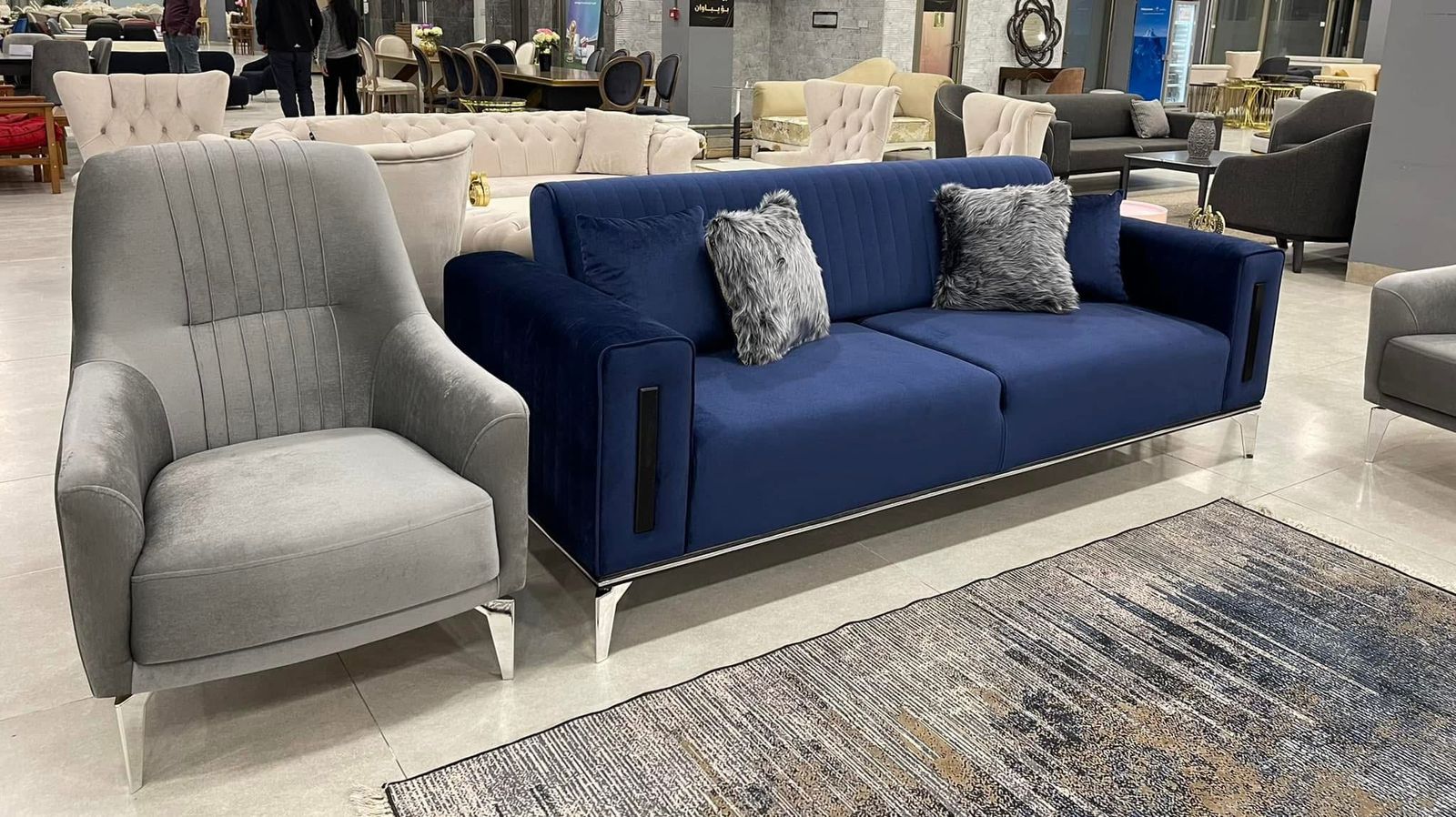 Navy & Grey Velvet Sofa Set
