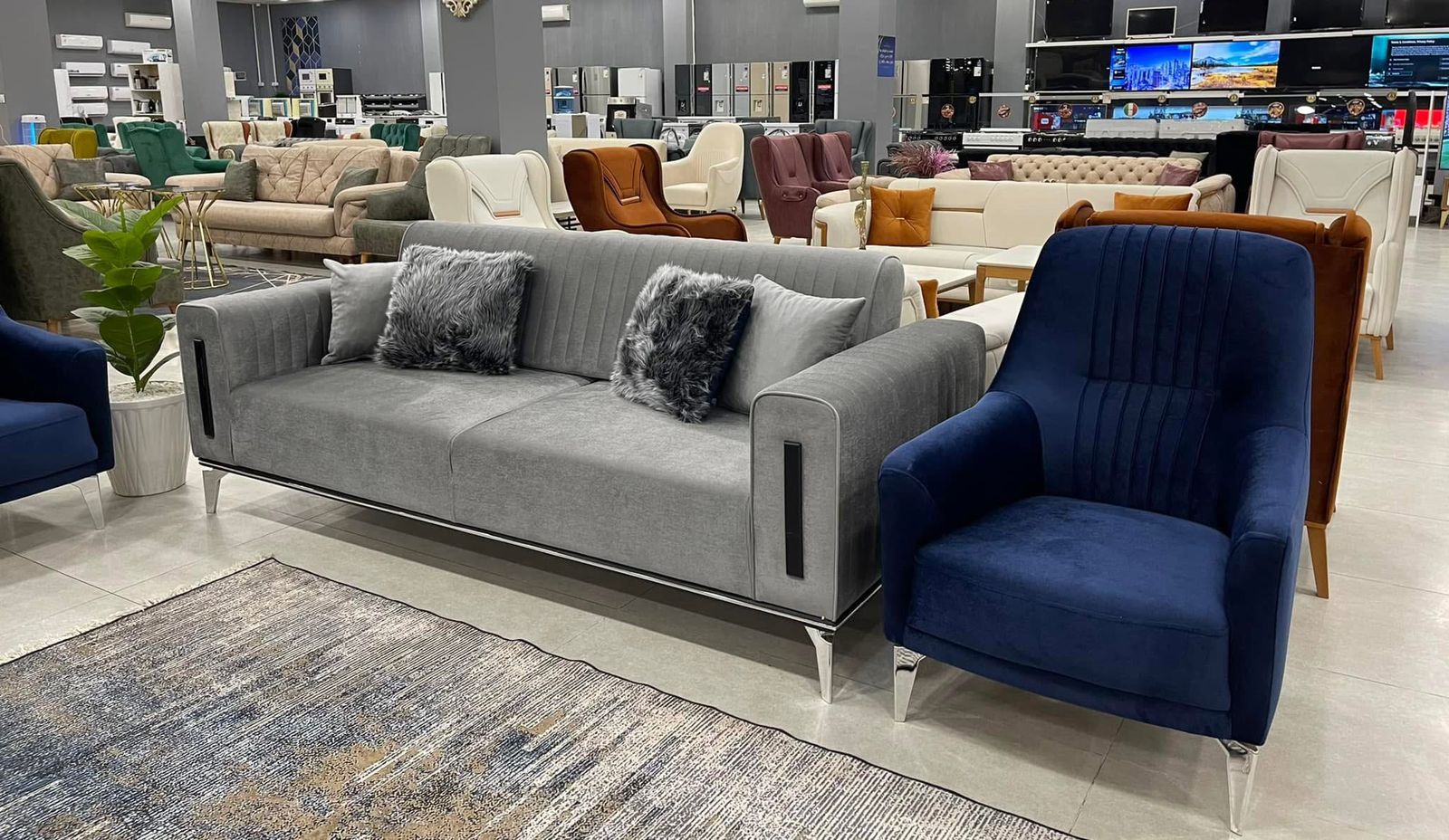 Grey Velvet 3-Seater with Navy Chair