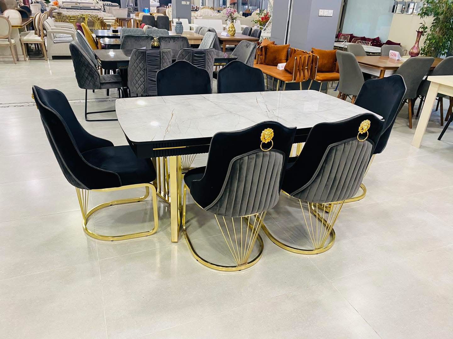 Gold & Marble Dining Set with Lion-Accent Chairs