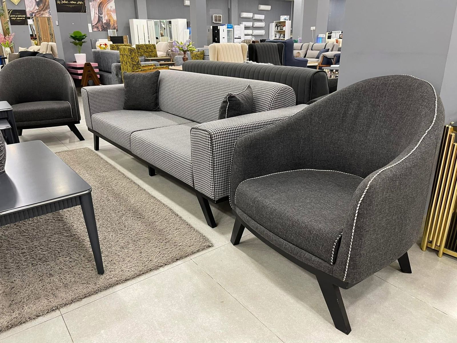 Charcoal Houndstooth Sofa & Tub Chair