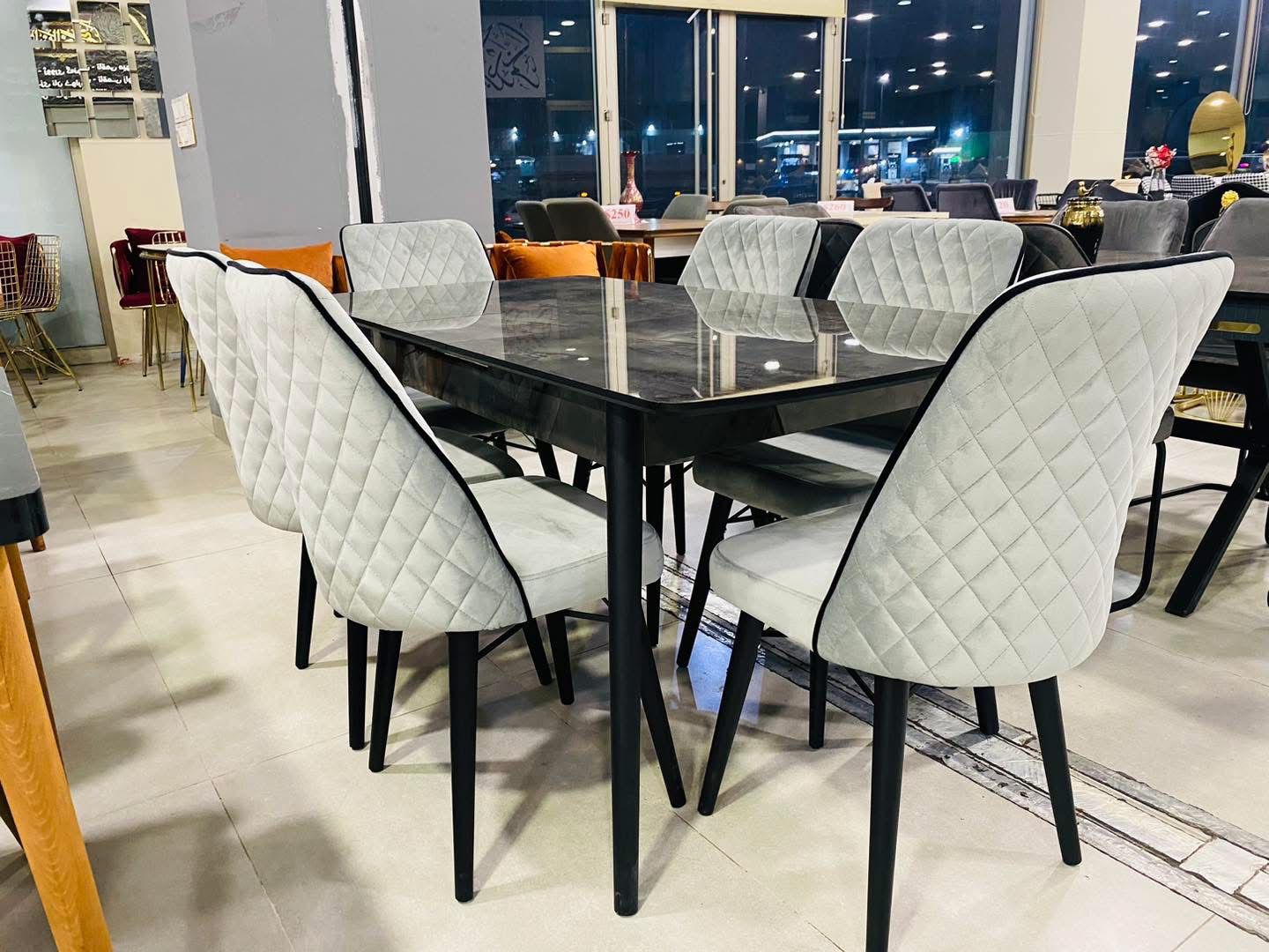Grey Marble-Effect Dining Set (6 Chairs)