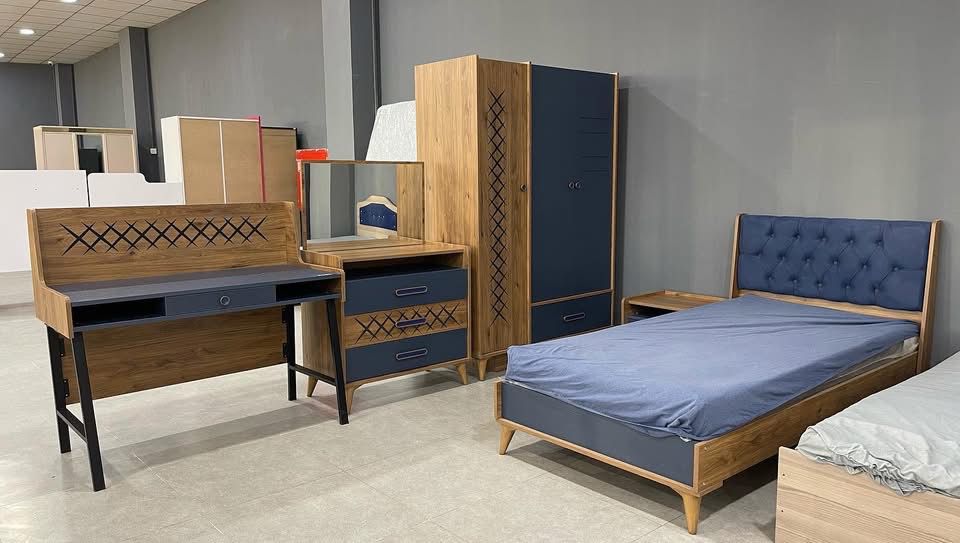 Navy Tufted Single Bed & Wardrobe