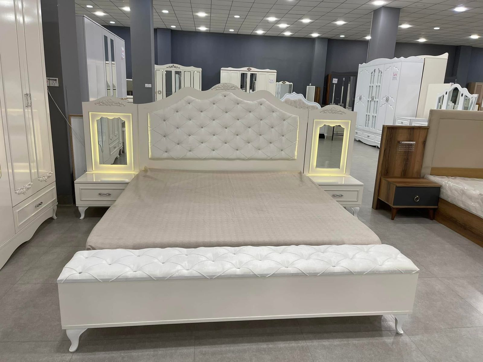 Tufted Cream Bed with LED Mirrors