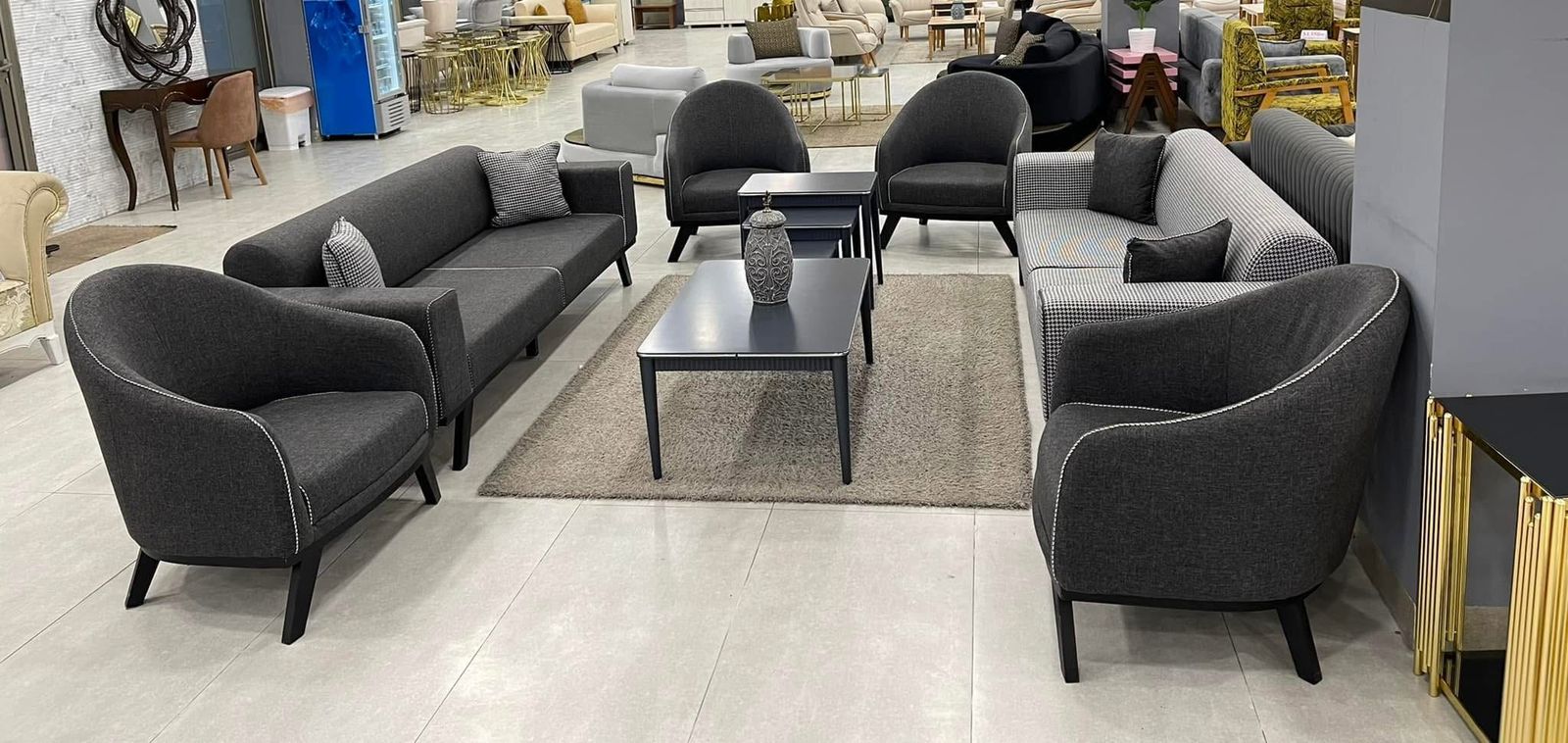 Curved Charcoal Sofa & Tub Chairs