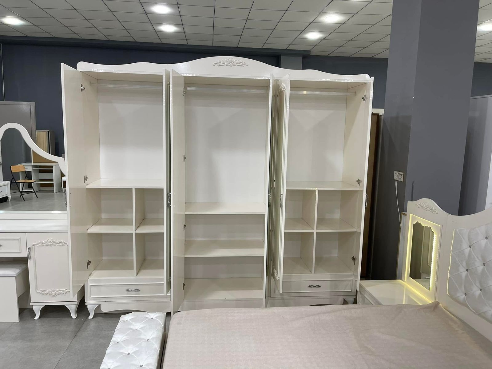 4-Door Cream Wardrobe (Open View)